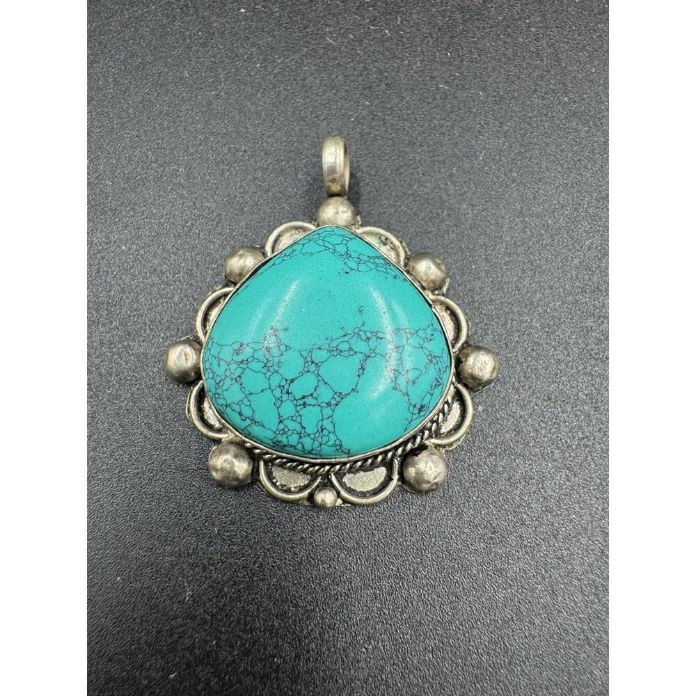 Vintage Navajo Turquoise Pendant Sterling Silver Spiderweb Matrix Heart Shape 22
